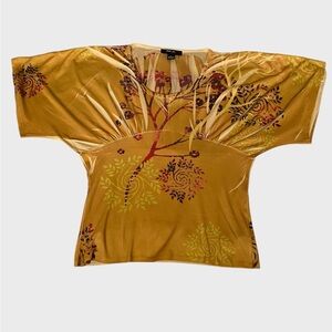 Style & Co. Kimono Sleeves Floral Top XL Mustard Yellow Boho Artsy Early 2000's